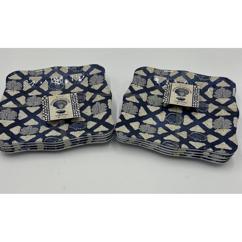 Seashore Collection Coastal Beach 8 In Salad Plates Seashells Bluewhite Melamine